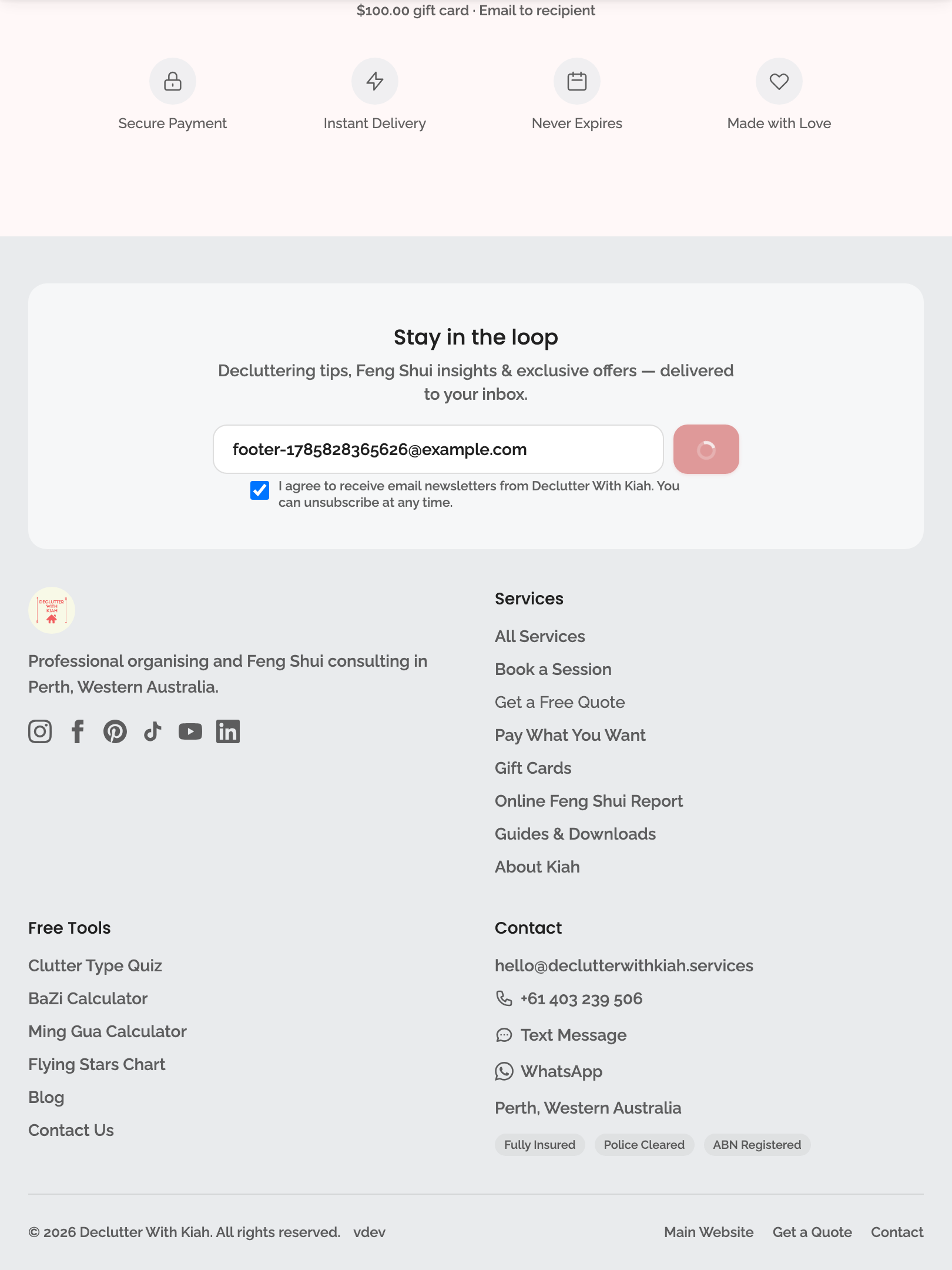 newsletter — footer subscribe section › footer subscribe works with valid email and consent tablet
