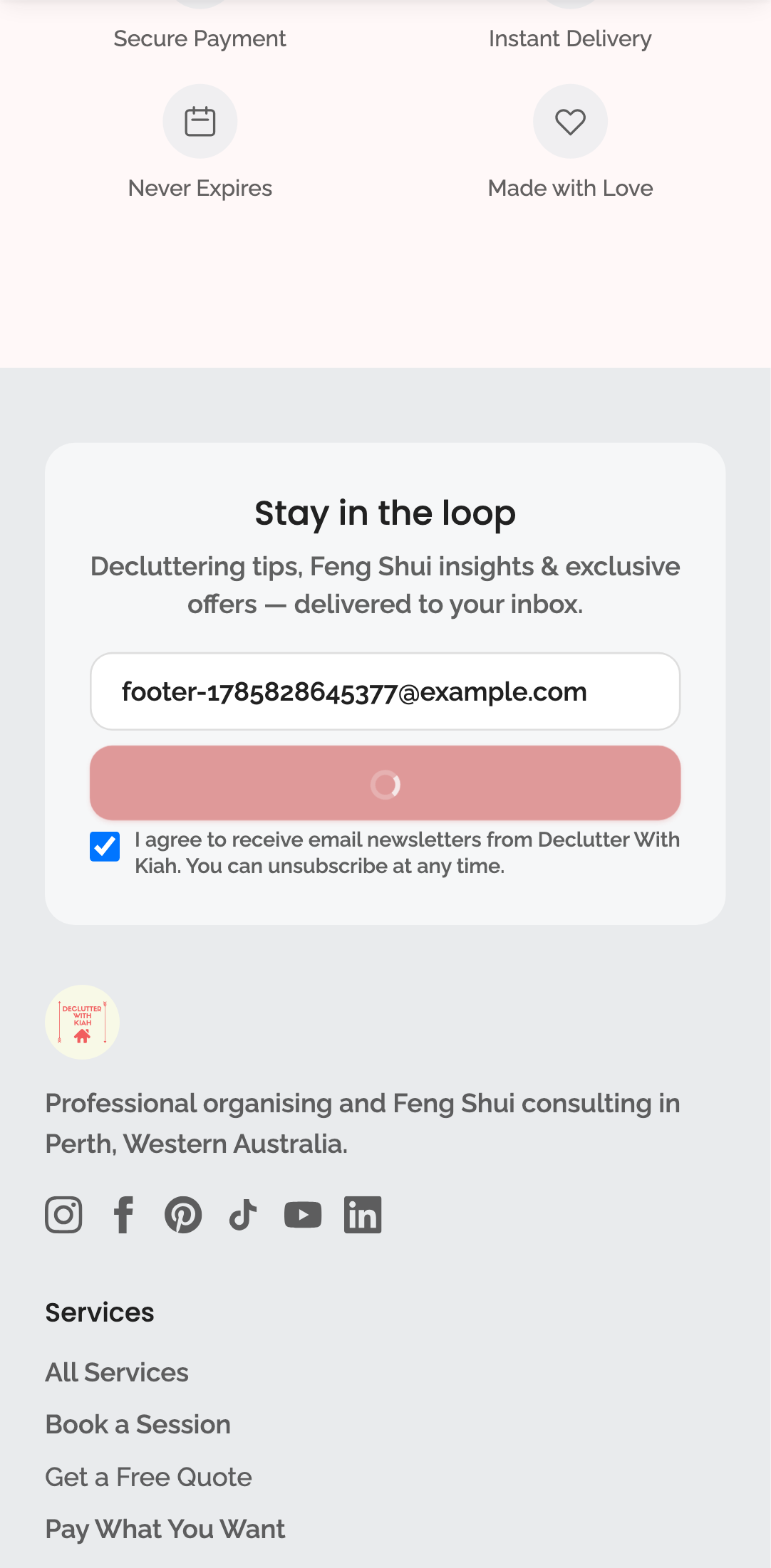 newsletter — footer subscribe section › footer subscribe works with valid email and consent mobile