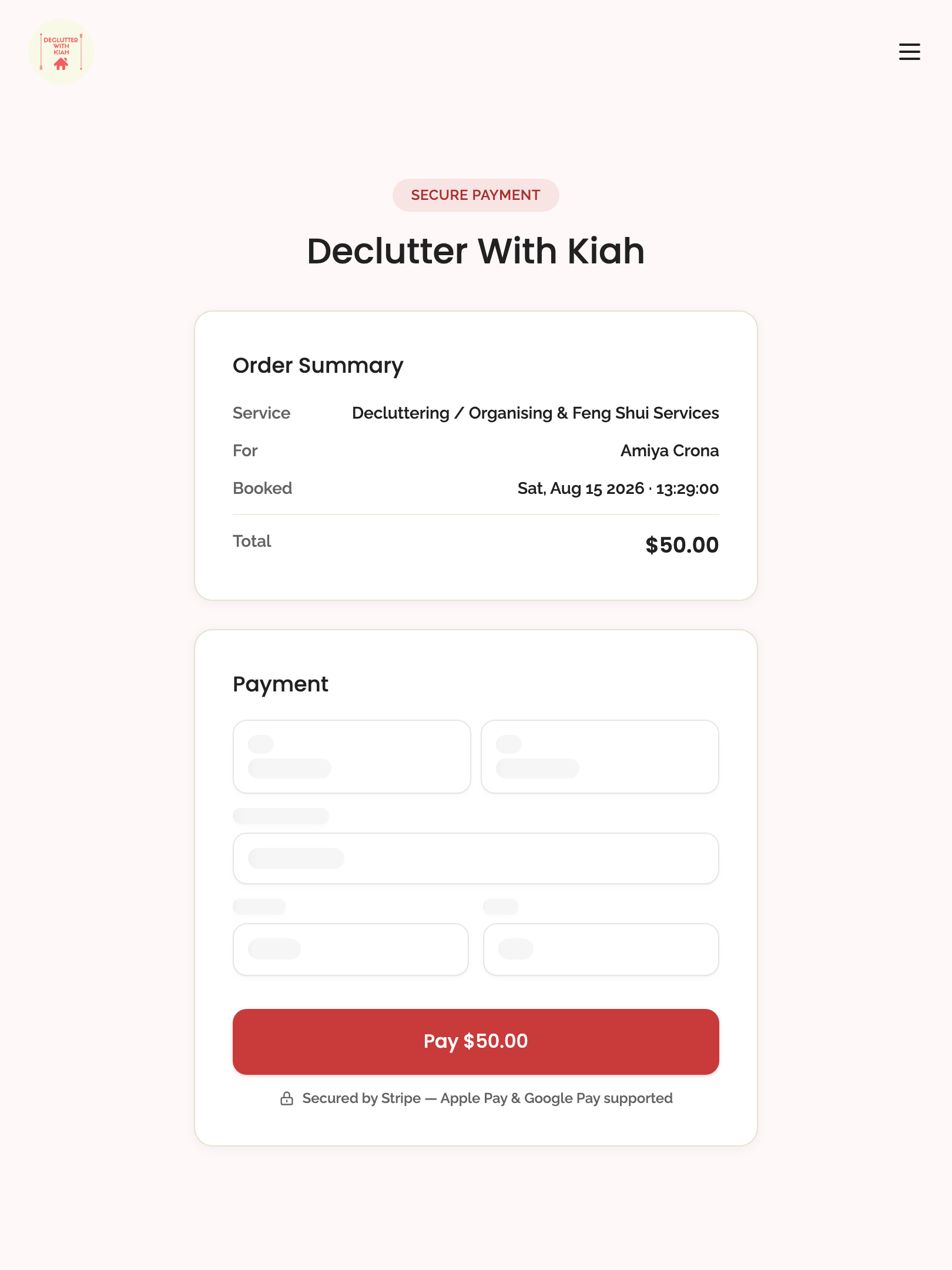 pay-by-link — public pay page › unpaid order renders summary and payment element mount tablet