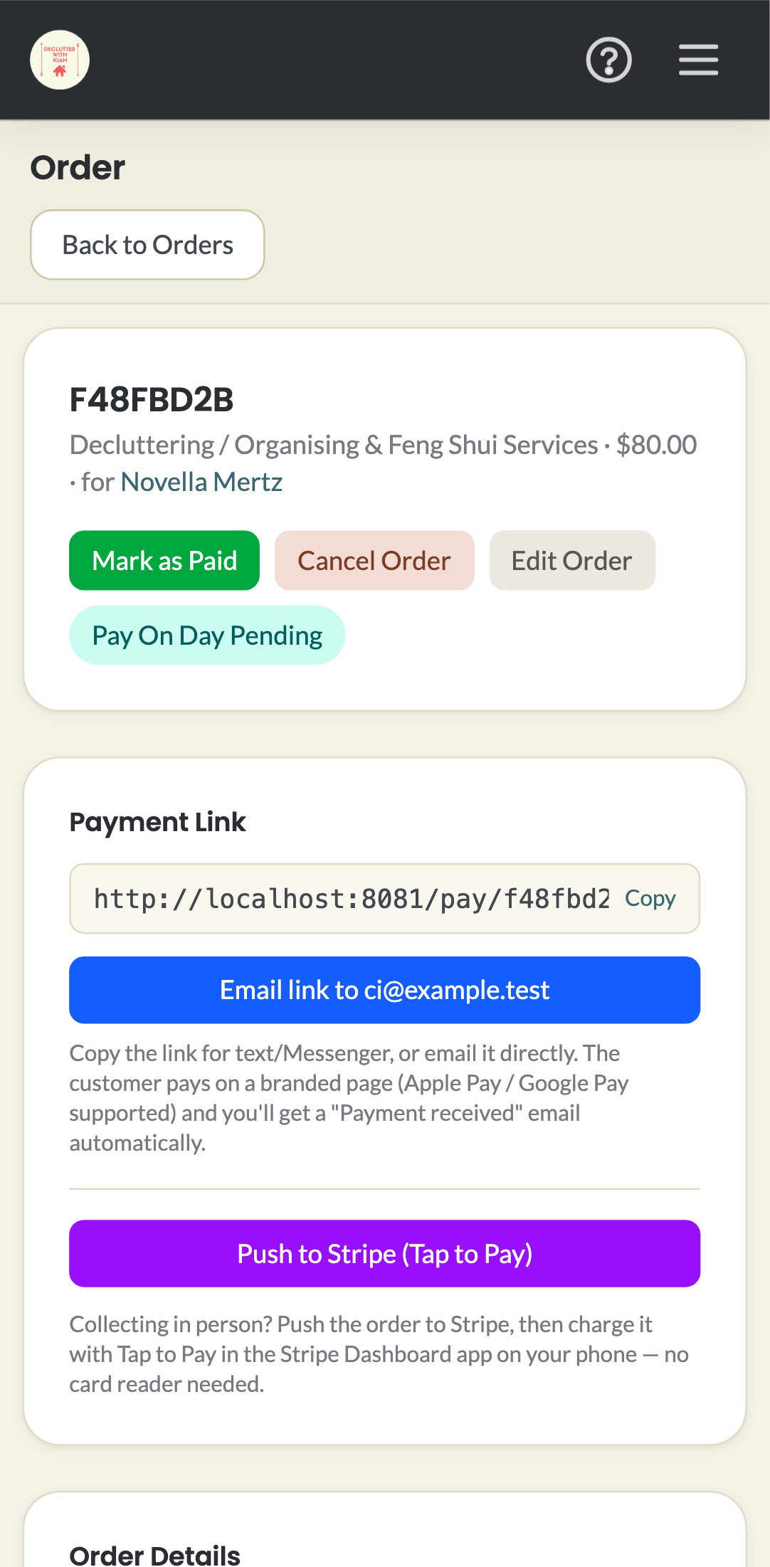 pay-by-link — admin order page › unpaid order shows payment link tools mobile
