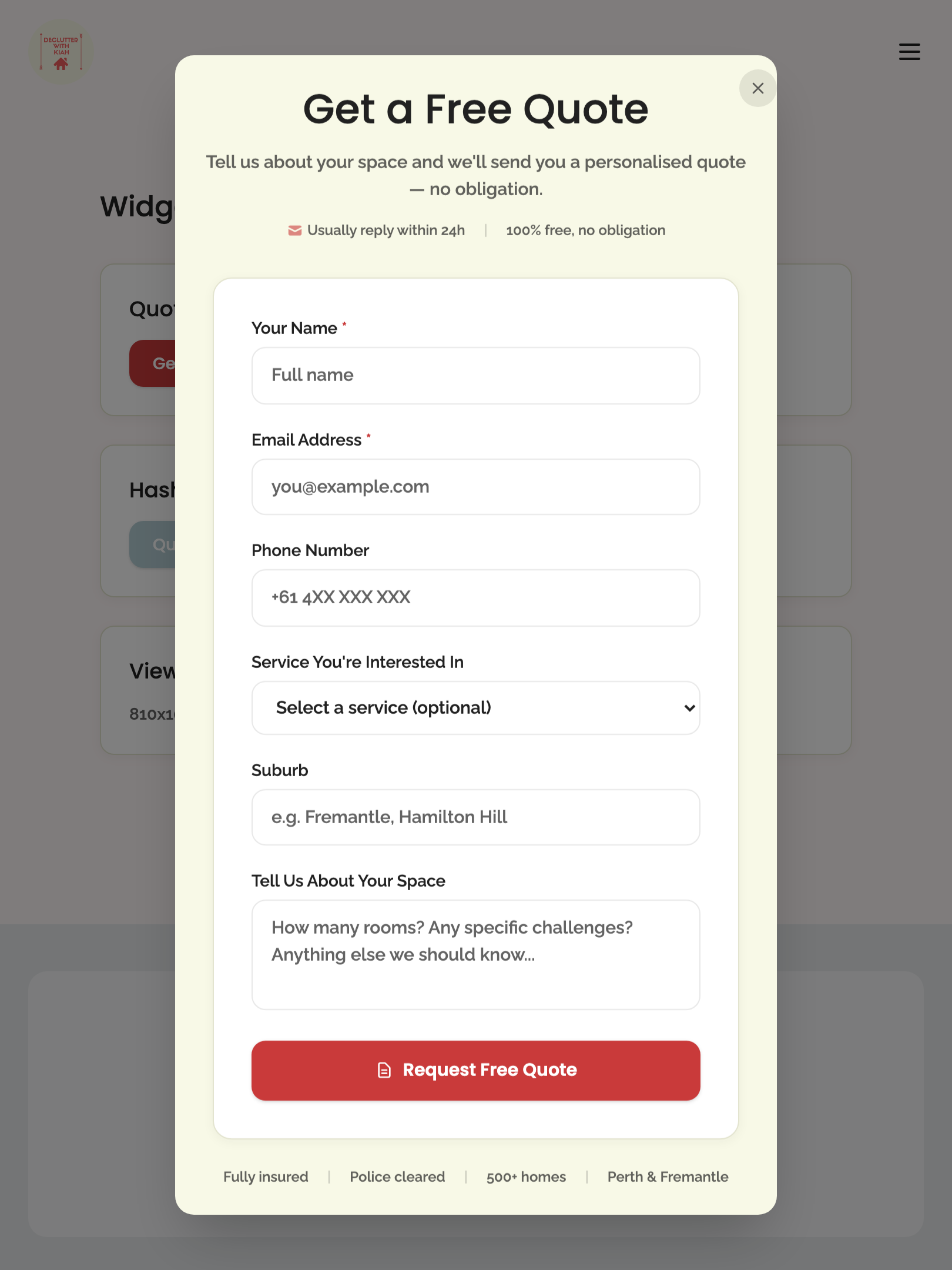 widget popups — quote modal › quote modal opens via button click tablet