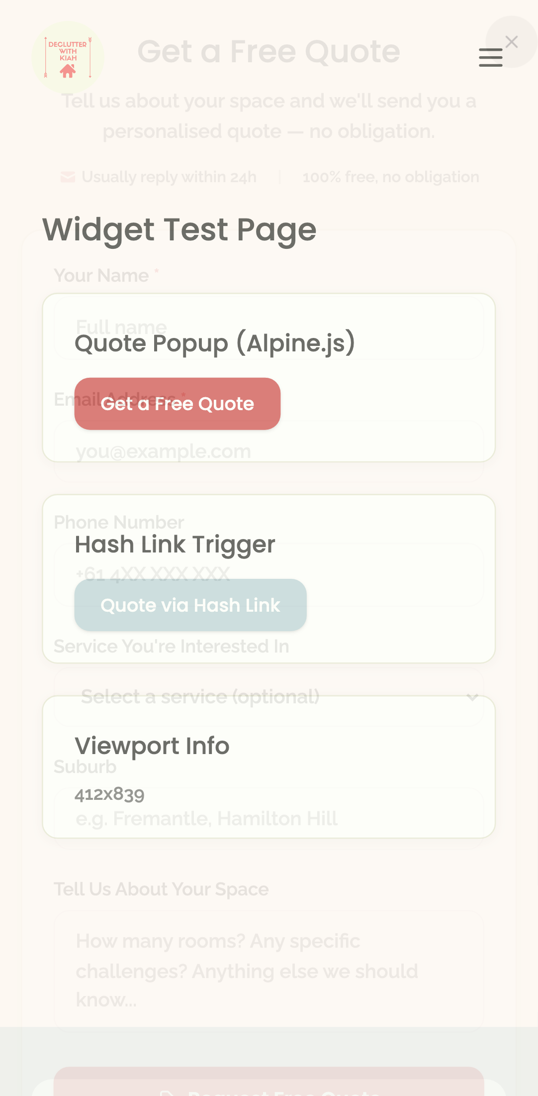 widget popups — quote modal › quote modal opens via button click mobile