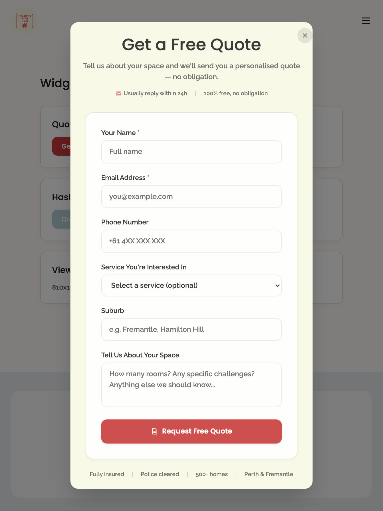 widget popups — quote modal › close button meets 40px minimum tap target tablet