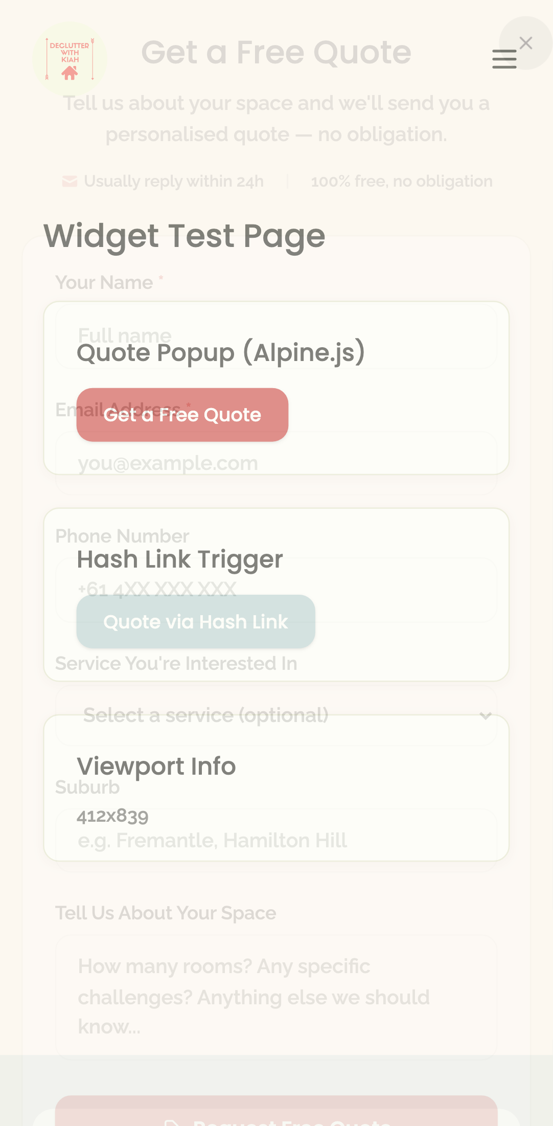 widget popups — quote modal › close button meets 40px minimum tap target mobile