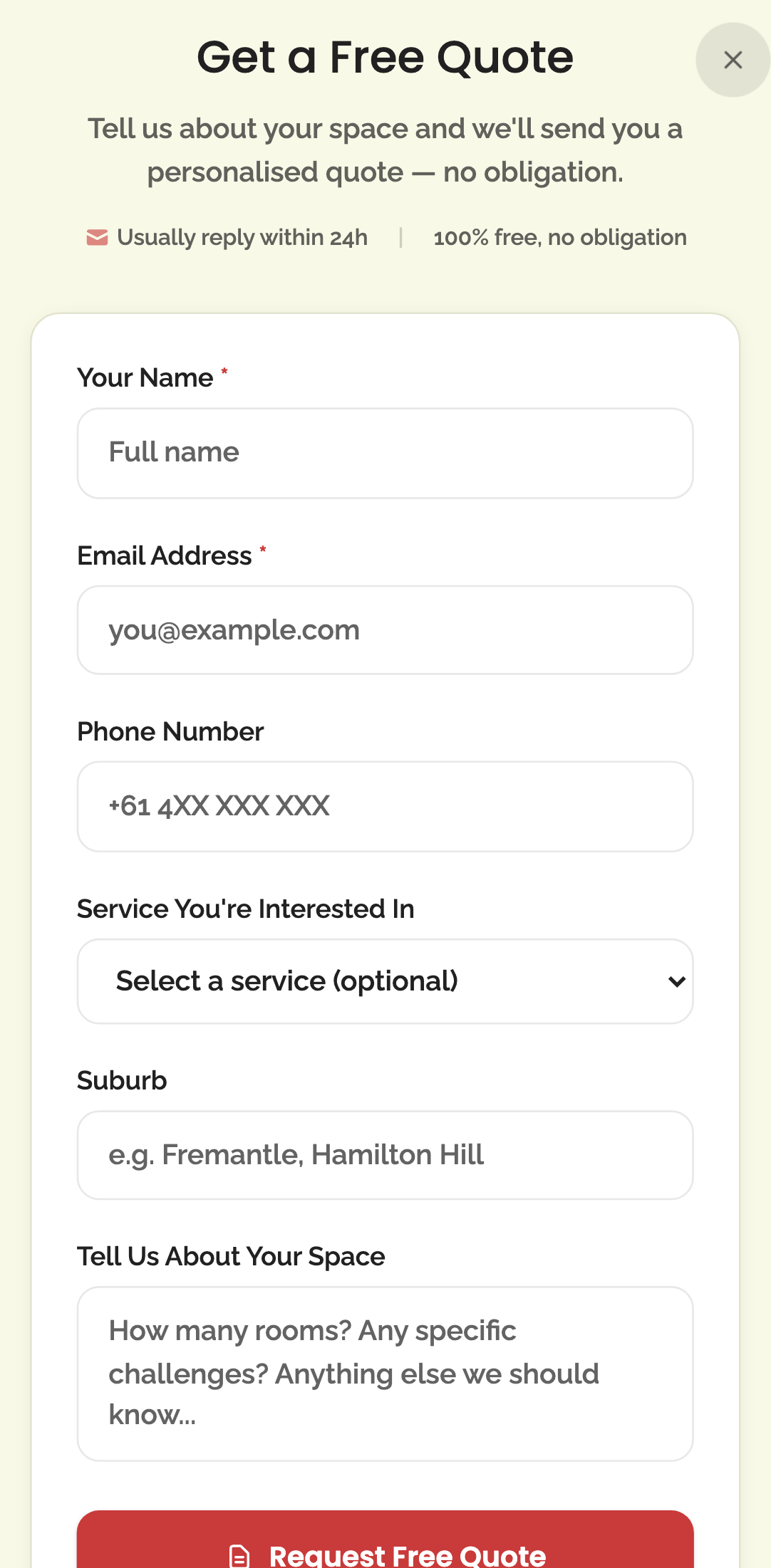 widget popups — quote modal › quote form has required fields mobile
