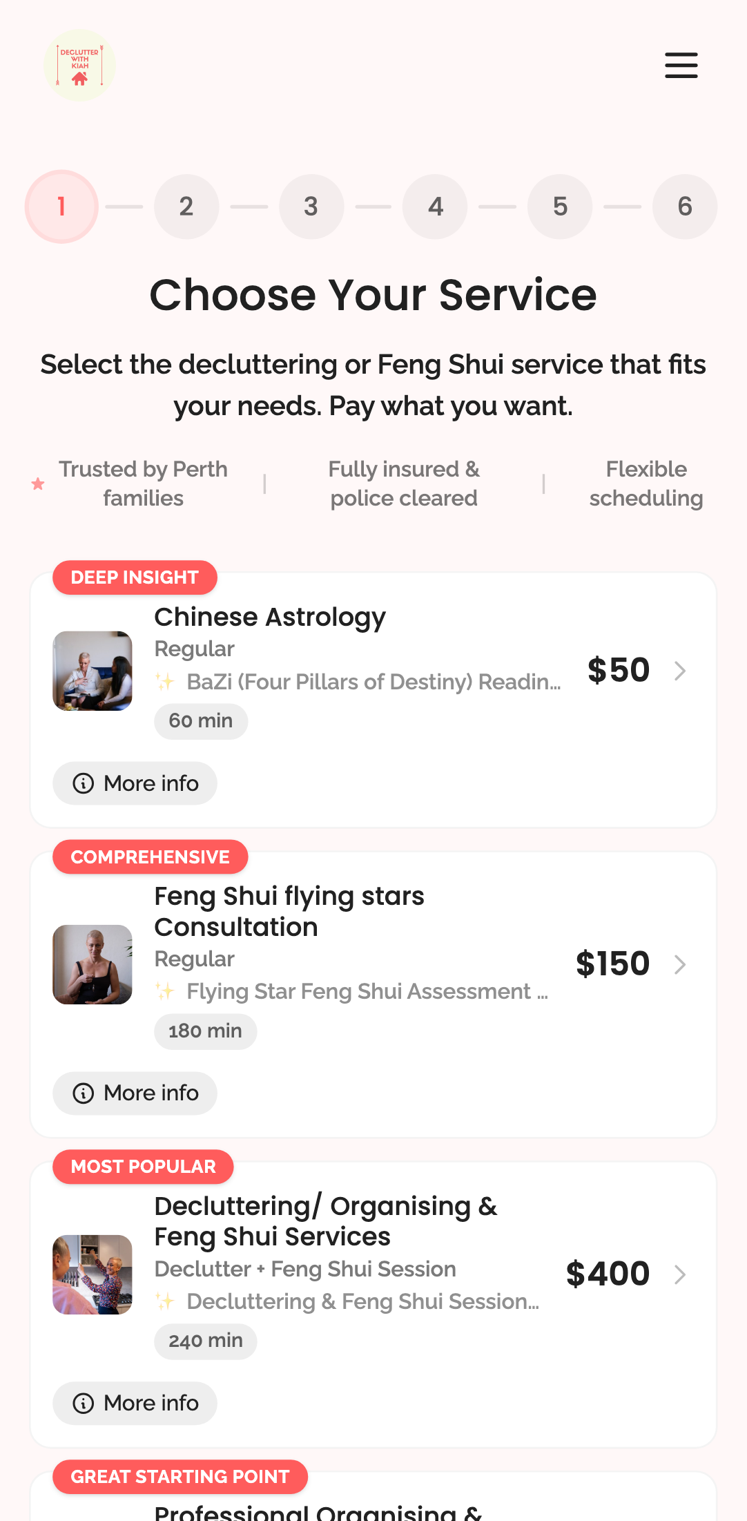 booking wizard — step 1: service selection › service cards are clickable mobile